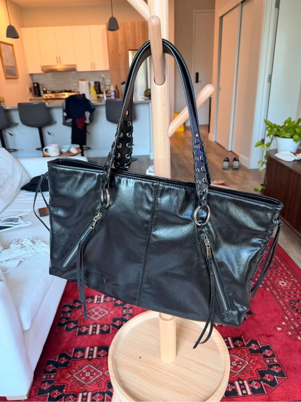 Zara Black Leather Tote with Studded Strap Details